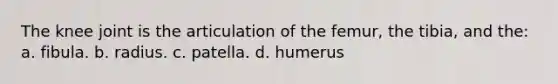 The knee joint is the articulation of the femur, the tibia, and the: a. fibula. b. radius. c. patella. d. humerus