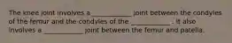The knee joint involves a ____________ joint between the condyles of the femur and the condyles of the ____________ . It also involves a ____________ joint between the femur and patella.