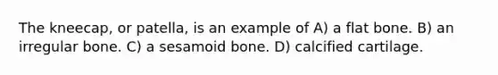 The kneecap, or patella, is an example of A) a flat bone. B) an irregular bone. C) a sesamoid bone. D) calcified cartilage.