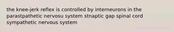 the knee-jerk reflex is controlled by interneurons in the parastpathetic nervosu system stnaptic gap spinal cord sympathetic nervous system