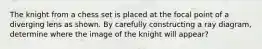 The knight from a chess set is placed at the focal point of a diverging lens as shown. By carefully constructing a ray diagram, determine where the image of the knight will appear?