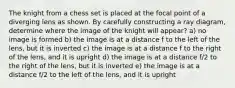 The knight from a chess set is placed at the focal point of a diverging lens as shown. By carefully constructing a ray diagram, determine where the image of the knight will appear? a) no image is formed b) the image is at a distance f to the left of the lens, but it is inverted c) the image is at a distance f to the right of the lens, and it is upright d) the image is at a distance f/2 to the right of the lens, but it is inverted e) the image is at a distance f/2 to the left of the lens, and it is upright