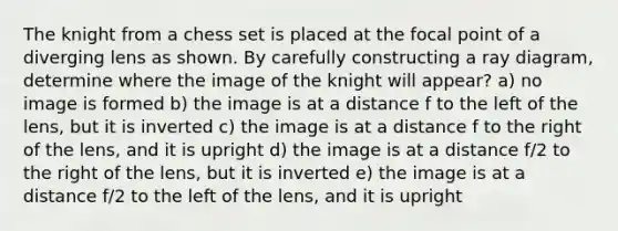 The knight from a chess set is placed at the focal point of a diverging lens as shown. By carefully constructing a ray diagram, determine where the image of the knight will appear? a) no image is formed b) the image is at a distance f to the left of the lens, but it is inverted c) the image is at a distance f to the right of the lens, and it is upright d) the image is at a distance f/2 to the right of the lens, but it is inverted e) the image is at a distance f/2 to the left of the lens, and it is upright