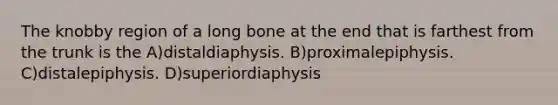 The knobby region of a long bone at the end that is farthest from the trunk is the A)distaldiaphysis. B)proximalepiphysis. C)distalepiphysis. D)superiordiaphysis