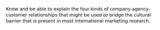 Know and be able to explain the four kinds of company-agency-customer relationships that might be used to bridge the cultural barrier that is present in most international marketing research.
