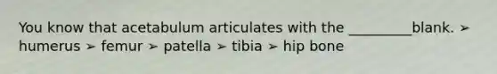 You know that acetabulum articulates with the _________blank. ➢ humerus ➢ femur ➢ patella ➢ tibia ➢ hip bone