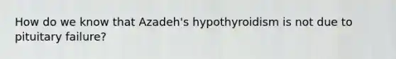 How do we know that Azadeh's hypothyroidism is not due to pituitary failure?