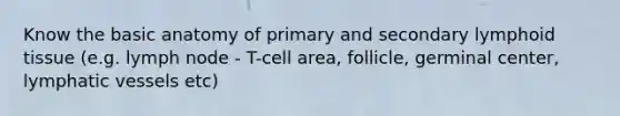 Know the basic anatomy of primary and secondary lymphoid tissue (e.g. lymph node - T-cell area, follicle, germinal center, <a href='https://www.questionai.com/knowledge/ki6sUebkzn-lymphatic-vessels' class='anchor-knowledge'>lymphatic vessels</a> etc)