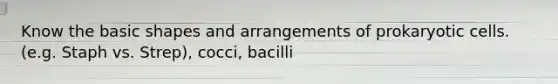 Know the basic shapes and arrangements of prokaryotic cells. (e.g. Staph vs. Strep), cocci, bacilli