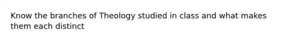 Know the branches of Theology studied in class and what makes them each distinct