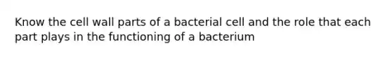 Know the cell wall parts of a bacterial cell and the role that each part plays in the functioning of a bacterium