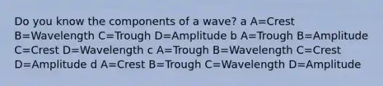 Do you know the components of a wave? a A=Crest B=Wavelength C=Trough D=Amplitude b A=Trough B=Amplitude C=Crest D=Wavelength c A=Trough B=Wavelength C=Crest D=Amplitude d A=Crest B=Trough C=Wavelength D=Amplitude