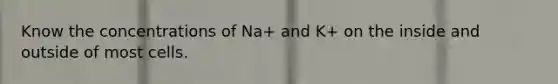 Know the concentrations of Na+ and K+ on the inside and outside of most cells.