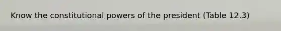 Know the constitutional powers of the president (Table 12.3)
