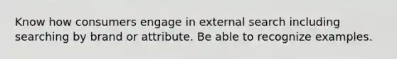 Know how consumers engage in external search including searching by brand or attribute. Be able to recognize examples.