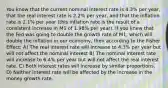 You know that the current nominal interest rate is 4.3% per year, that the real interest rate is 2.2% per year, and that the inflation rate is 2.1% per year (this inflation rate is the result of a consistent increase in M1 of 1.98% per year). If you knew that the Fed was going to double the growth rate of M1, which will double the inflation in our economy, then according to the Fisher Effect: A) The real interest rate will increase to 4.3% per year but will not affect the nominal interest B) The nominal interest rate will increase to 6.4% per year but will not affect the real interest rate. C) Both interest rates will increase by similar proportions. D) Neither interest rate will be affected by the increase in the money growth rate.