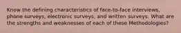 Know the defining characteristics of face-to-face interviews, phone surveys, electronic surveys, and written surveys. What are the strengths and weaknesses of each of these Methodologies?