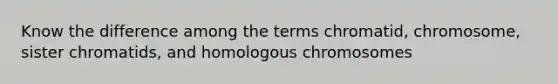 Know the difference among the terms chromatid, chromosome, sister chromatids, and homologous chromosomes