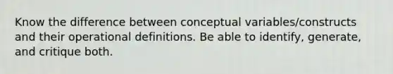 Know the difference between conceptual variables/constructs and their operational definitions. Be able to identify, generate, and critique both.