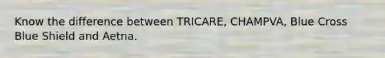 Know the difference between TRICARE, CHAMPVA, Blue Cross Blue Shield and Aetna.