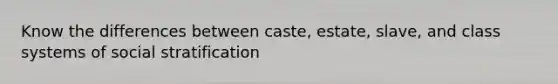 Know the differences between caste, estate, slave, and class systems of social stratification