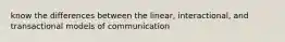 know the differences between the linear, interactional, and transactional models of communication