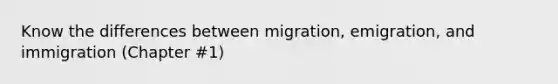 Know the differences between migration, emigration, and immigration (Chapter #1)