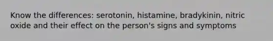 Know the differences: serotonin, histamine, bradykinin, nitric oxide and their effect on the person's signs and symptoms