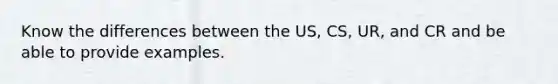 Know the differences between the US, CS, UR, and CR and be able to provide examples.