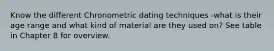 Know the different Chronometric dating techniques -what is their age range and what kind of material are they used on? See table in Chapter 8 for overview.