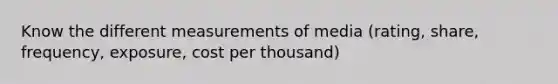 Know the different measurements of media (rating, share, frequency, exposure, cost per thousand)
