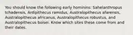 You should know the following early hominins: Sahelanthropus tchadensis, Ardipithecus ramidus, Australopithecus afarensis, Australopithecus africanus, Australopithecus robustus, and Australopithecus boisei. Know which sites these come from and their dates.