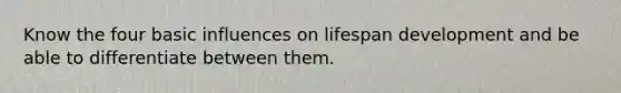 Know the four basic influences on lifespan development and be able to differentiate between them.