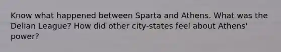 Know what happened between Sparta and Athens. What was the Delian League? How did other city-states feel about Athens' power?