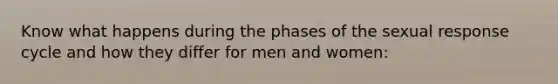 Know what happens during the phases of the sexual response cycle and how they differ for men and women: