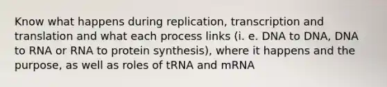 Know what happens during replication, transcription and translation and what each process links (i. e. DNA to DNA, DNA to RNA or RNA to protein synthesis), where it happens and the purpose, as well as roles of tRNA and mRNA