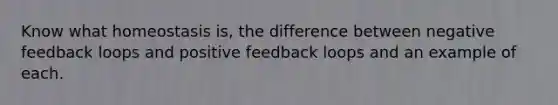 Know what homeostasis is, the difference between negative feedback loops and positive feedback loops and an example of each.