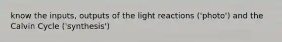 know the inputs, outputs of the light reactions ('photo') and the Calvin Cycle ('synthesis')