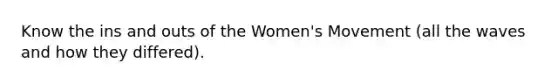 Know the ins and outs of the Women's Movement (all the waves and how they differed).