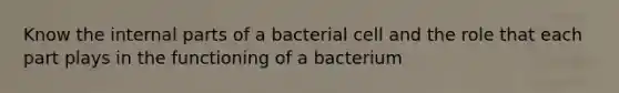 Know the internal parts of a bacterial cell and the role that each part plays in the functioning of a bacterium