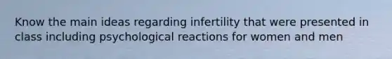 Know the main ideas regarding infertility that were presented in class including psychological reactions for women and men