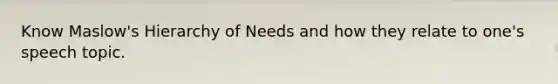 Know Maslow's Hierarchy of Needs and how they relate to one's speech topic.