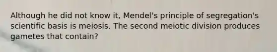 Although he did not know it, Mendel's principle of segregation's scientific basis is meiosis. The second meiotic division produces gametes that contain?