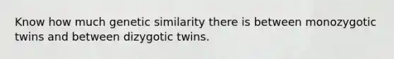 Know how much genetic similarity there is between monozygotic twins and between dizygotic twins.