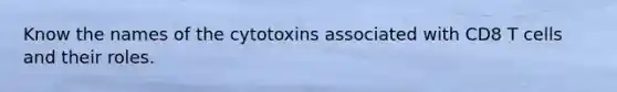 Know the names of the cytotoxins associated with CD8 T cells and their roles.