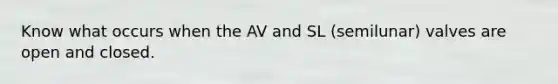 Know what occurs when the AV and SL (semilunar) valves are open and closed.