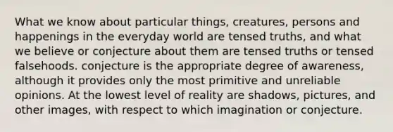 What we know about particular things, creatures, persons and happenings in the everyday world are tensed truths, and what we believe or conjecture about them are tensed truths or tensed falsehoods. conjecture is the appropriate degree of awareness, although it provides only the most primitive and unreliable opinions. At the lowest level of reality are shadows, pictures, and other images, with respect to which imagination or conjecture.