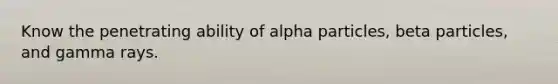 Know the penetrating ability of alpha particles, beta particles, and gamma rays.