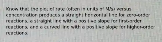 Know that the plot of rate (often in units of M/s) versus concentration produces a straight horizontal line for zero-order reactions, a straight line with a positive slope for first-order reactions, and a curved line with a positive slope for higher-order reactions.