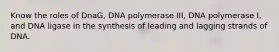 Know the roles of DnaG, DNA polymerase III, DNA polymerase I, and DNA ligase in the synthesis of leading and lagging strands of DNA.